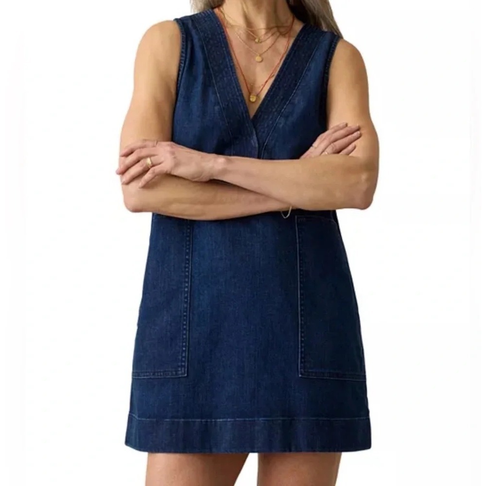Faherty women Azure jeans mini dress organic cotton denim sleeveless‎ v- neck